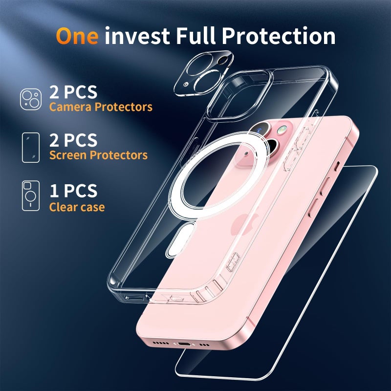 YNMEacc 5 in 1 Magnetic for iPhone 15 Case 6.1-Inch with 2X Screen Protector + 2 Lens Protector, [Compatible with MagSafe] Slim Soft TPU Silicone Shockproof Anti-Scratch Phone Cover - Clear - Image 3