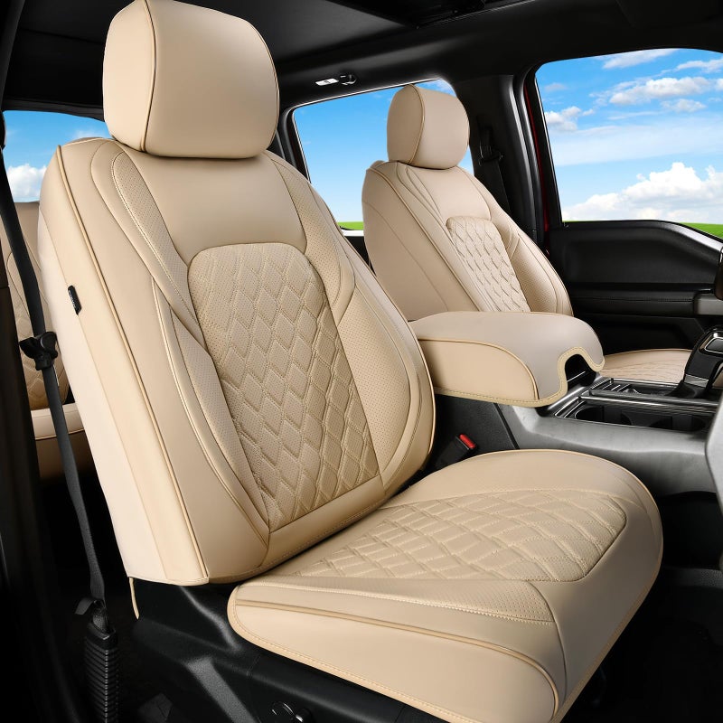 Huidasource F250 Front Seat Covers, 360Â° Full Coverage Leather Car Seat Protector Fit for Ford F150 2015-2025&F250 F350 F450 2017-2025 All Cab XL XLT Lariat King Ranch Platinum (Front Pair/Beige) - Image 1