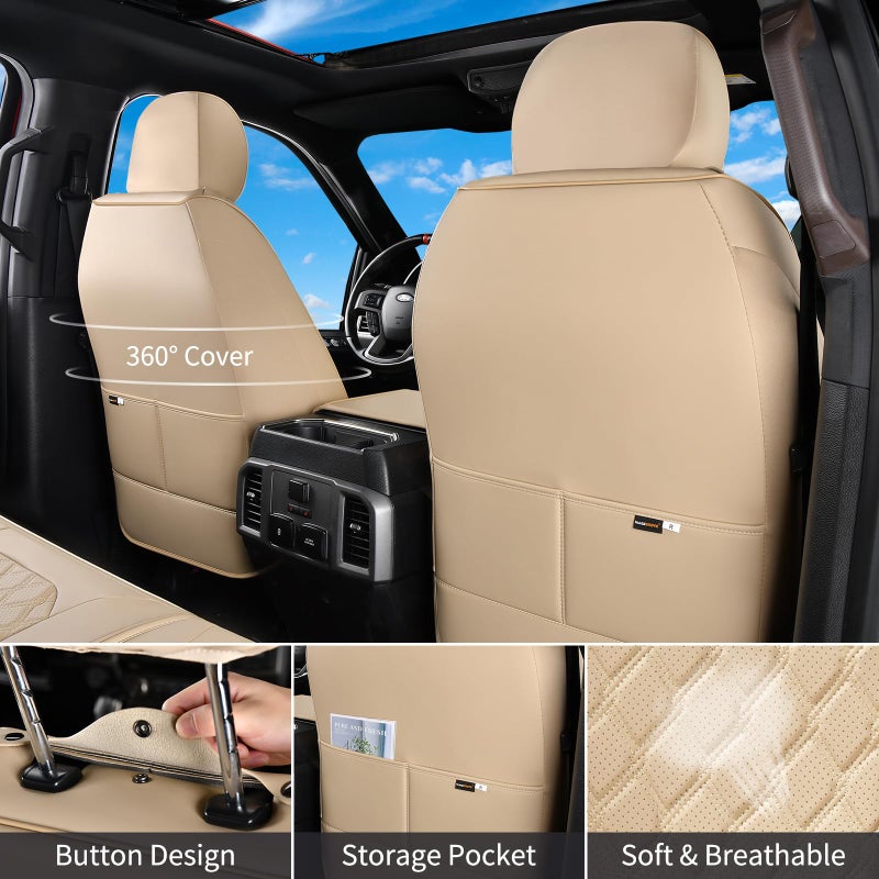 Huidasource F250 Front Seat Covers, 360Â° Full Coverage Leather Car Seat Protector Fit for Ford F150 2015-2025&F250 F350 F450 2017-2025 All Cab XL XLT Lariat King Ranch Platinum (Front Pair/Beige) - Image 4