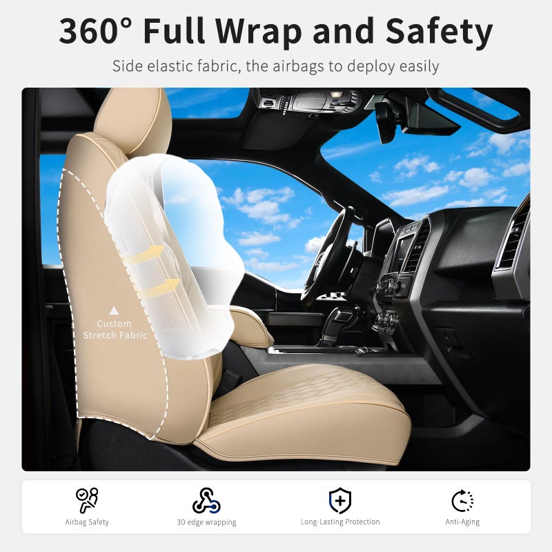 Huidasource F250 Front Seat Covers, 360Â° Full Coverage Leather Car Seat Protector Fit for Ford F150 2015-2025&F250 F350 F450 2017-2025 All Cab XL XLT Lariat King Ranch Platinum (Front Pair/Beige) - Image 5