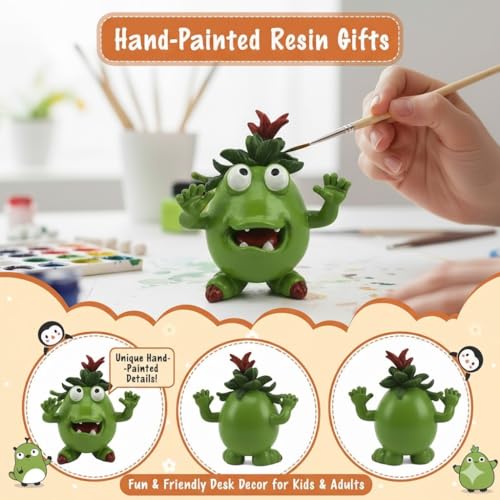 GoGnome Cute Green Monster Resin Figurine Indoor Outdoor Garden Statue Whimsical Funny Desk Decor Little Alien Creature with Red FlowerSprout Unique Green - Image 3
