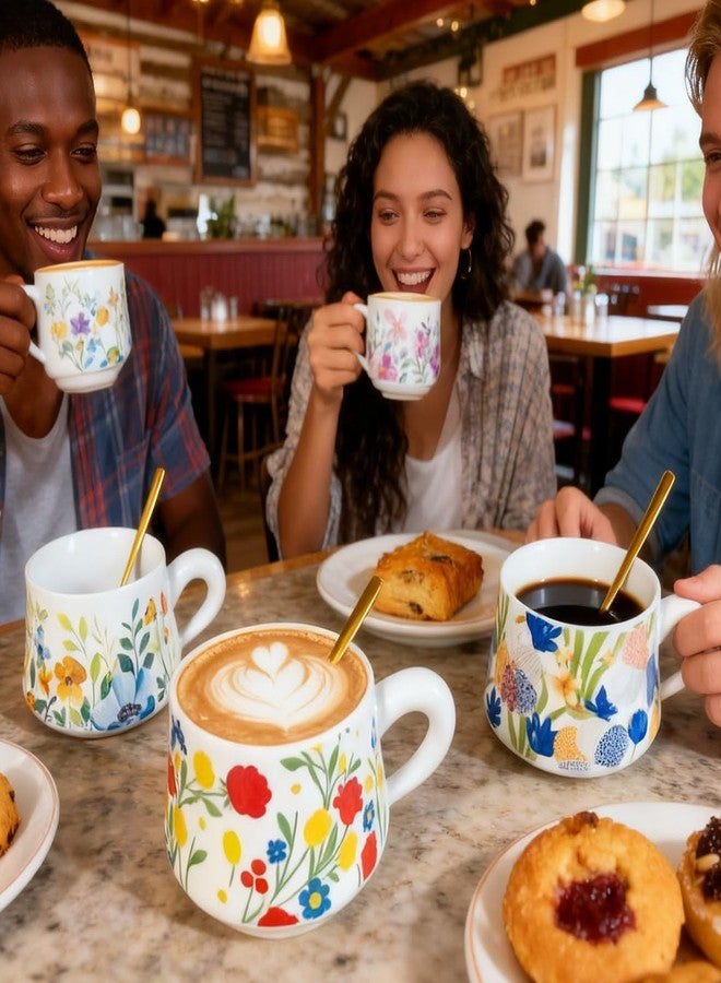 CHANJOON Coffee Mug Set of 4, 9oz Ceramic Tea Cups, Original Vintage Floral Design, Cappuccino Cups, Coffee Cups, Tea Cups with Handles, Microwave & Dishwasher Safe, Perfect for Tea, Espresso, Latte (red) - Image 3