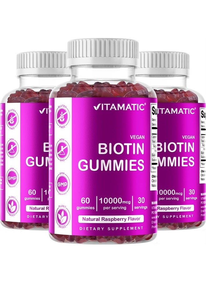 Vitamatic Biotin Gummies 10,000 mcg for Stronger Hair, Skin & Nails - 60 Vegan Gummies - Also Called Vitamin B7 (3 Bottles) - Image 1