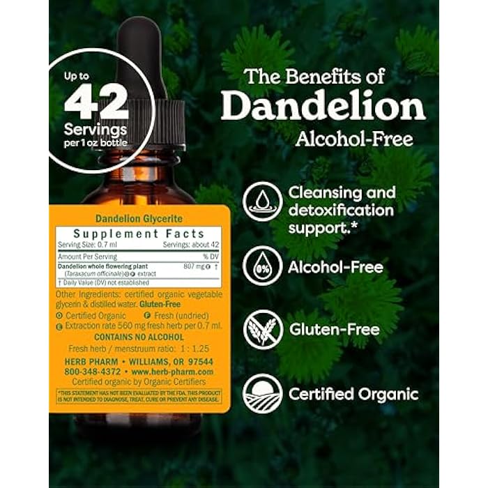 Herb Pharm Certified Organic Dandelion Liquid Extract for Cleansing and Detoxification, Alcohol-Free Glycerite, 1 Fl Oz - Image 2