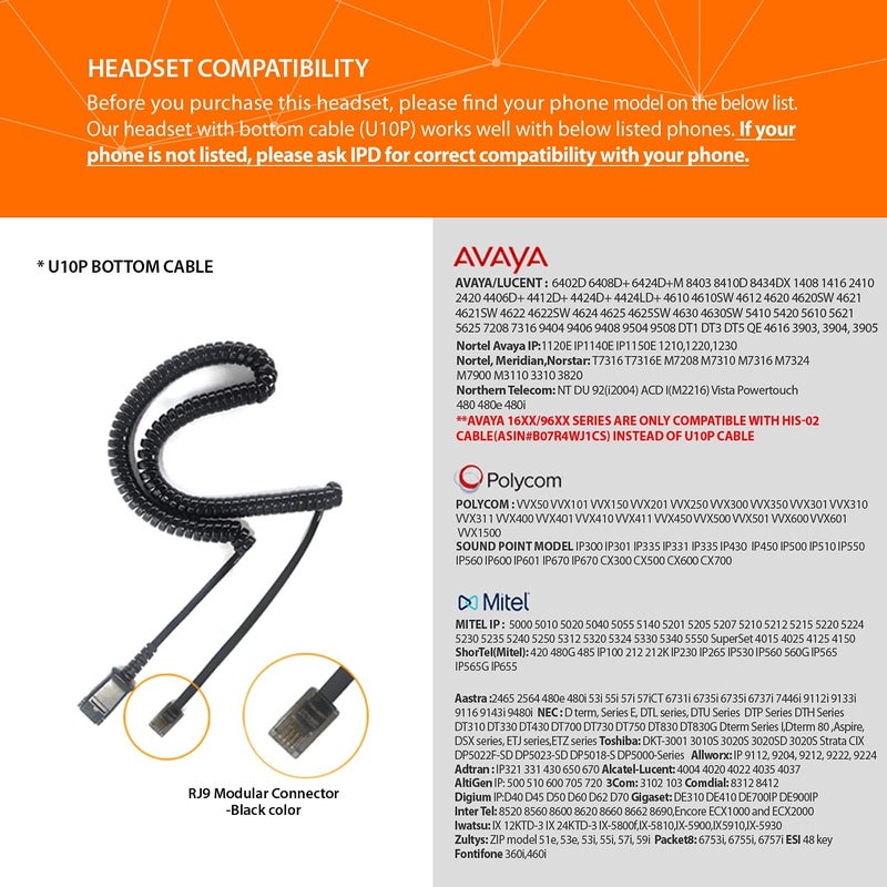 IPD IPH-250 Phone Headset with Noise Cancelling Microhone for Office and Call Center- Comapatible with Polycom VVX, Aastra,Avaya Digital, Nortel,Samsung,Mitel landline Phones. - Image 2