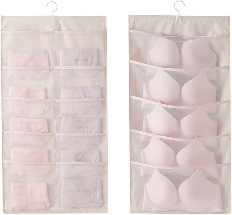 Bseash Enlarged Closet Hanging Bra Organizer with Rotating Metal Hanger, Dual Sided Wall Shelf Wardrobe Mesh Pockets Hanging Storage Bag for Bra Socks Underwear Underpants - Image 1