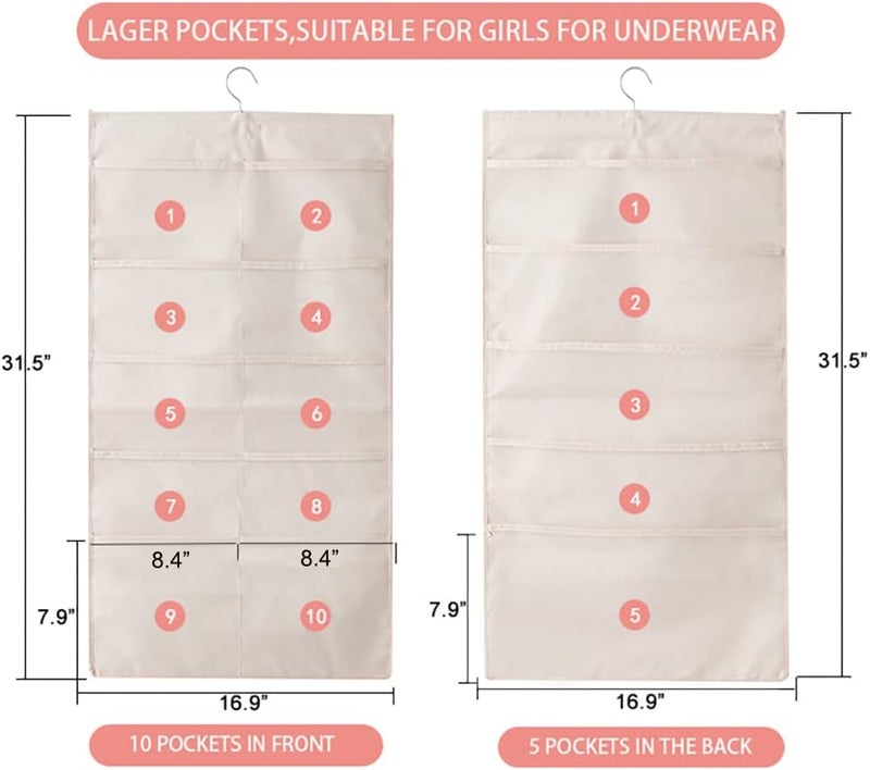Bseash Enlarged Closet Hanging Bra Organizer with Rotating Metal Hanger, Dual Sided Wall Shelf Wardrobe Mesh Pockets Hanging Storage Bag for Bra Socks Underwear Underpants - Image 2