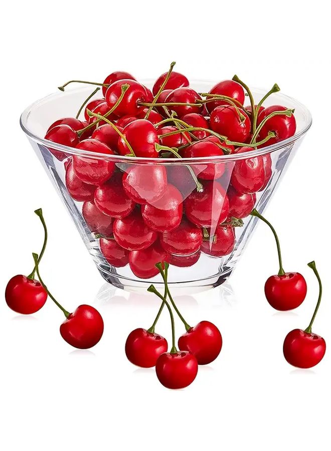 Realistic Red Artificial Cherry Fruits 7pcs Glossy Plastic Decor With Stems And Leaves - Image 2