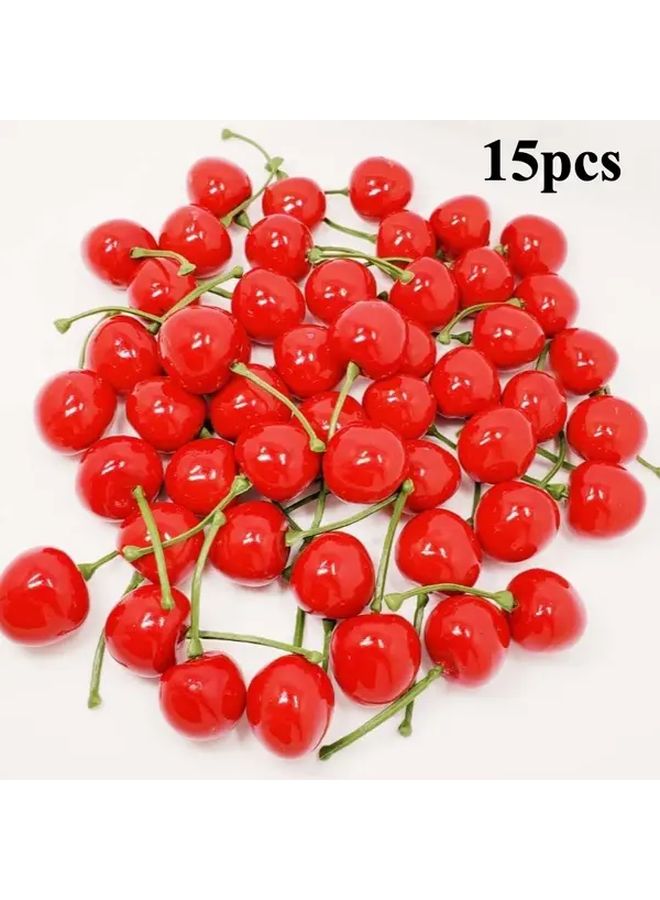 Realistic Red Artificial Cherry Fruits 7pcs Glossy Plastic Decor With Stems And Leaves - Image 3