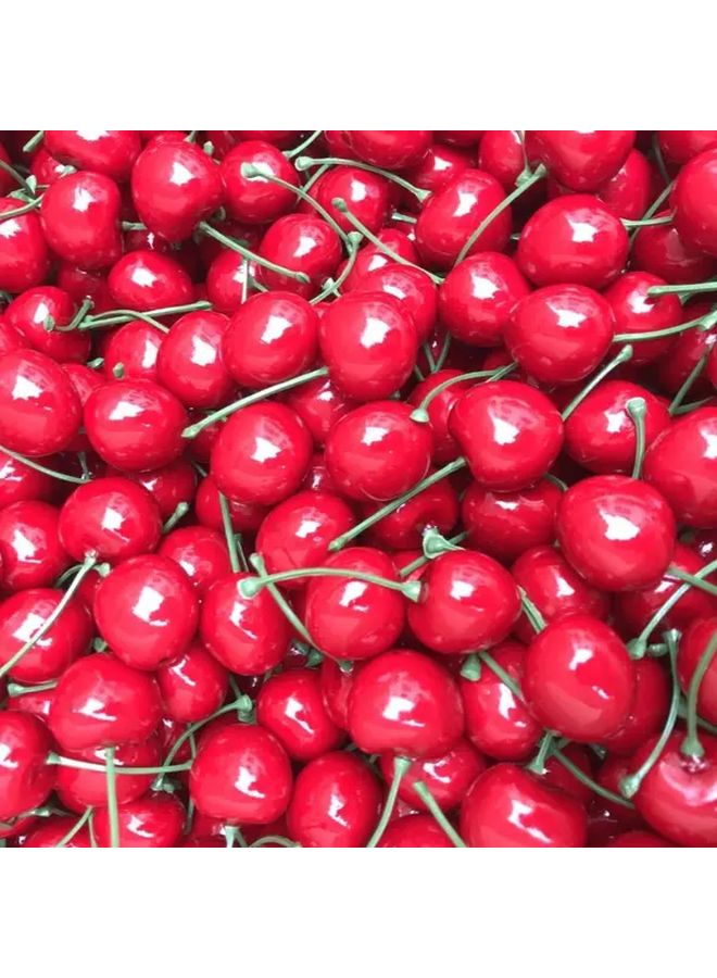 Realistic Red Artificial Cherry Fruits 7pcs Glossy Plastic Decor With Stems And Leaves - Image 1