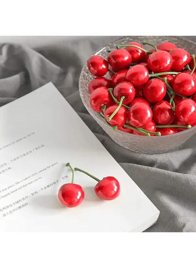 Realistic Red Artificial Cherry Fruits 7pcs Glossy Plastic Decor With Stems And Leaves - Image 5