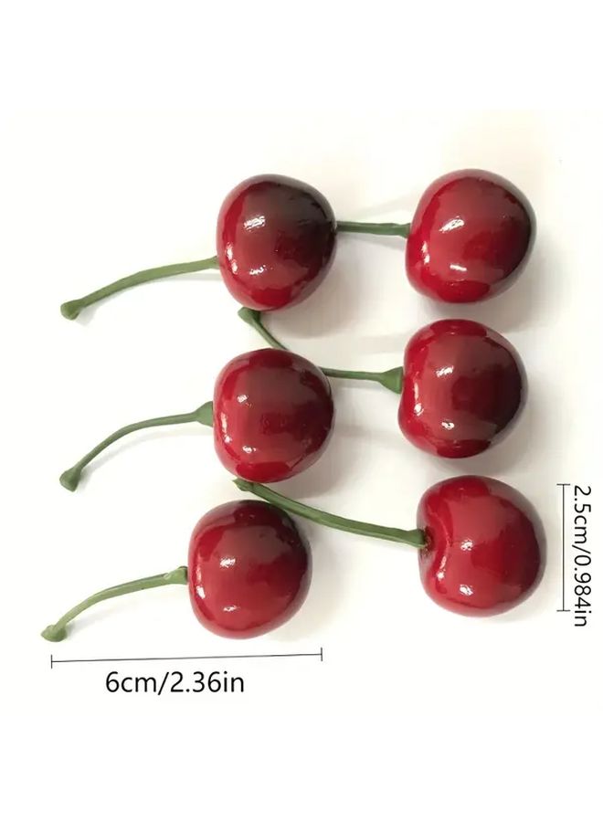 Realistic Red Artificial Cherry Fruits 7pcs Glossy Plastic Decor With Stems And Leaves - Image 4