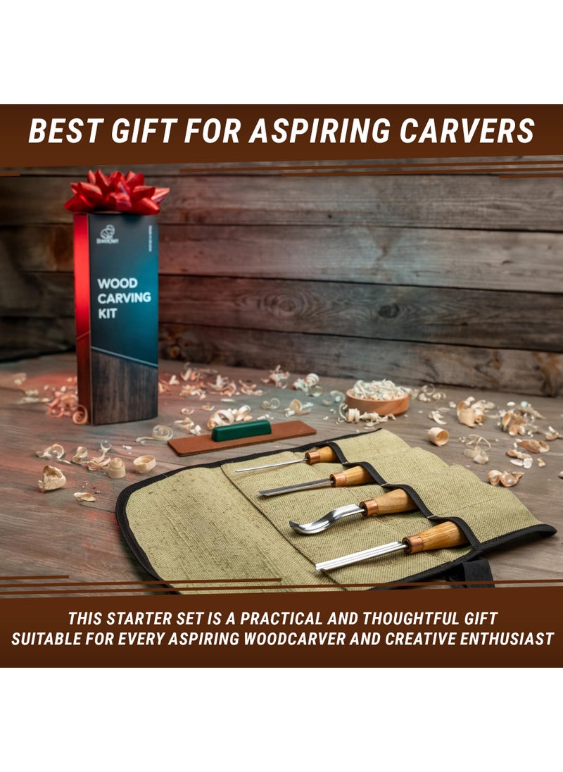 BeaverCraft Wood Carving Chisel Set SC01 - Gouge Wood Carving Tools Kit in Rolling Pouch with Leather Strop Polishing Compound Kit - Radial Gouges Flat Chisel Bent Gouge (Chisel Set)