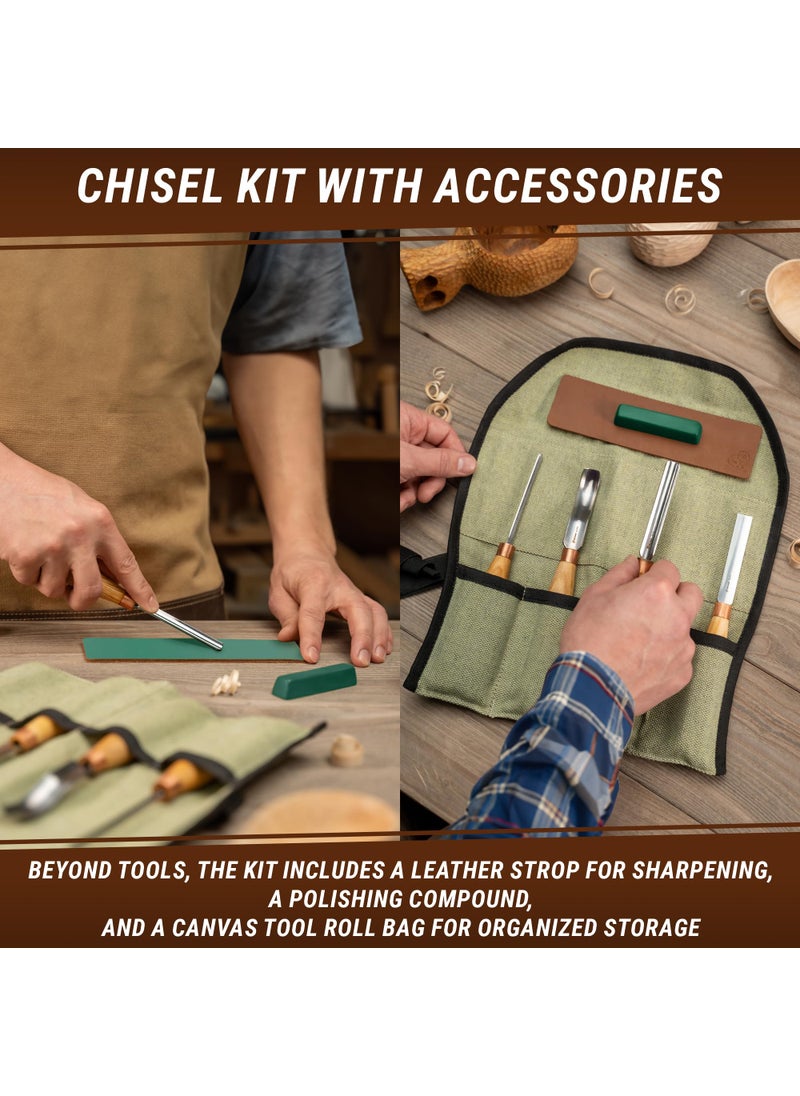 BeaverCraft BeaverCraft Wood Carving Chisel Set SC01 - Gouge Wood Carving Tools Kit in Rolling Pouch with Leather Strop Polishing Compound Kit - Radial Gouges Flat Chisel Bent Gouge (Chisel Set)  - Image 5