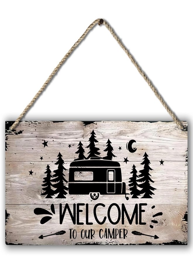 PHAMTE Welcome to Our Camper Farmhouse Printed Wood Plaque Sign Wall Hanging,Rustic Hanging Wall Signs for Travel Trailer Campsite Decor, Funny RV Camping Signs, Campers Camping Lovers Gifts 12 x 6 Inches - Image 1