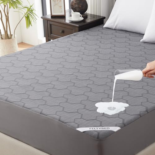 FELTYBED Queen Size Waterproof Mattress Protector, 40% Rayon Derived from Bamboo Grey Mattress Pad Cover, 3D Air Fabric Breathable Mattress Pad Fitted with Deep Pocket 6"- 15" Machine Washable - Image 1