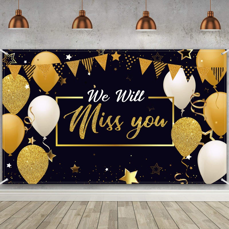 Sumind We Will Miss You Party Decorations, Extra Large Going Away Backdrop Miss You Photography Background Banner for Farewell Anniversary Retirement Graduation Party, 72.8 x 43.3 Inch(Black, Gold) - Image 1