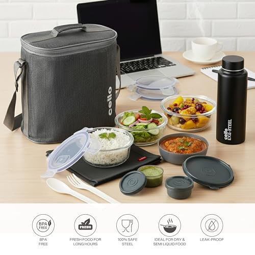 CELLO MF Glassy Pro Max Lunch Box with Bag for Office Grey | 3x400ml Glass Container, 1x225ml, 2x50ml Mini Container, Bottle 700ml with Cutlery & Napkin, Microwave Safe Airtight Spillproof Tiffin Box - Image 2