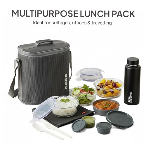 CELLO MF Glassy Pro Max Lunch Box with Bag for Office Grey | 3x400ml Glass Container, 1x225ml, 2x50ml Mini Container, Bottle 700ml with Cutlery & Napkin, Microwave Safe Airtight Spillproof Tiffin Box - Image 4