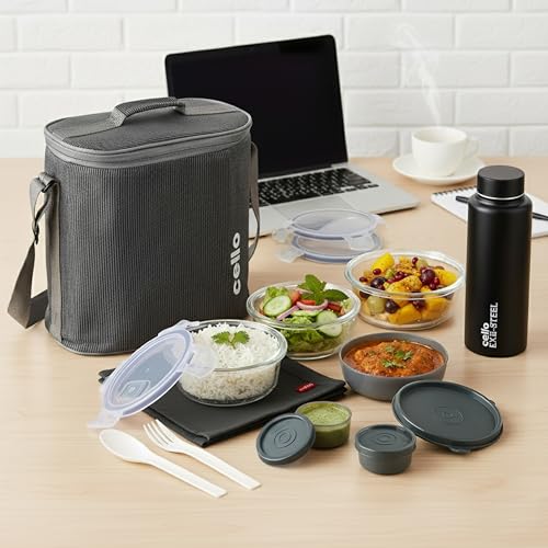 CELLO MF Glassy Pro Max Lunch Box with Bag for Office Grey | 3x400ml Glass Container, 1x225ml, 2x50ml Mini Container, Bottle 700ml with Cutlery & Napkin, Microwave Safe Airtight Spillproof Tiffin Box - Image 1