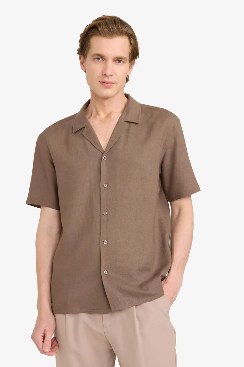 ديفاكتو Polo Collar Linen Blend Short Sleeve Shirt
