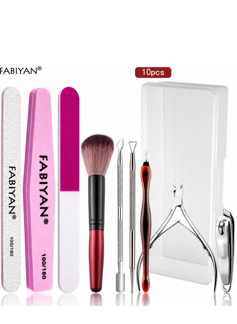 FABIYAN 10PCS Cuticle Nipper Manicure Set, Professional Stainless Steel Cuticle Nipper, Nail Clipper, Cuticle Pusher, Nail Scraper, Dead Skin Remover, Nail Files, Buffer, Dust Brush and Storage Box for Manicure Pedicure, Home and Salon Use. - Image 1