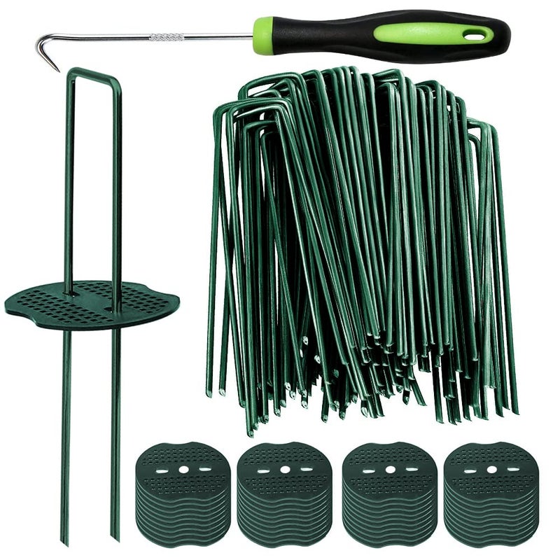 Bakulyor 100pcs Green Artificial Turf Stakes Staples + 100pcs Buffer Washer, 6 Inch 11 Gauge Landscape Staples, Galvanized Lawn Spikes, Heavy Duty Yard Ground Pin for Grass Weed Barrier Sod Fabric - Image 1