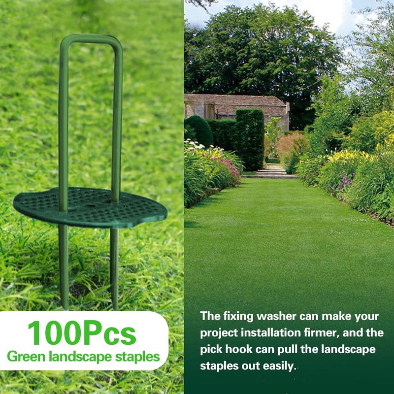 Bakulyor 100pcs Green Artificial Turf Stakes Staples + 100pcs Buffer Washer, 6 Inch 11 Gauge Landscape Staples, Galvanized Lawn Spikes, Heavy Duty Yard Ground Pin for Grass Weed Barrier Sod Fabric - Image 3
