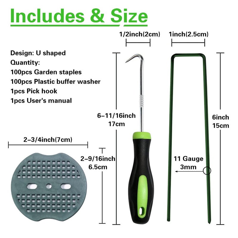 Bakulyor 100pcs Green Artificial Turf Stakes Staples + 100pcs Buffer Washer, 6 Inch 11 Gauge Landscape Staples, Galvanized Lawn Spikes, Heavy Duty Yard Ground Pin for Grass Weed Barrier Sod Fabric - Image 2
