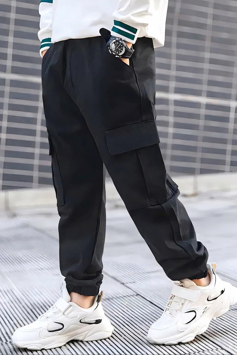 ADBUCKS Boys' Cotton Cargo Joggers – Soft, Casual Pants with Pockets II Boy's Relaxed Cargo Joggers Pants for Boy (in, Age, 9 Years, 10 Years, Black) - Image 2