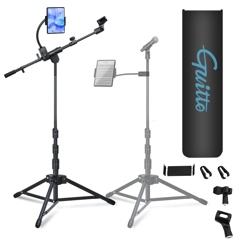 GUITTO Microphone Floor Stand with Phone/Tablet Holder, Adjustable Boom Mic Stand with Heavy-Duty Base, Dual Device Mount for Streaming, Podcasting, Recording, and Live Performances GMS-04 - Image 1