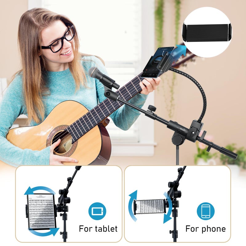 GUITTO Microphone Floor Stand with Phone/Tablet Holder, Adjustable Boom Mic Stand with Heavy-Duty Base, Dual Device Mount for Streaming, Podcasting, Recording, and Live Performances GMS-04 - Image 4
