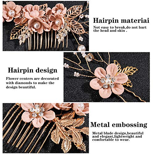 BOWINR 4 Pcs Wedding Hair Comb Pearl Crystal Bride Rose Gold Hair Accessories Hair Side Comb Clips Flower Rhinestone Head Pieces for Bridesmaid Women and Girls - Image 3