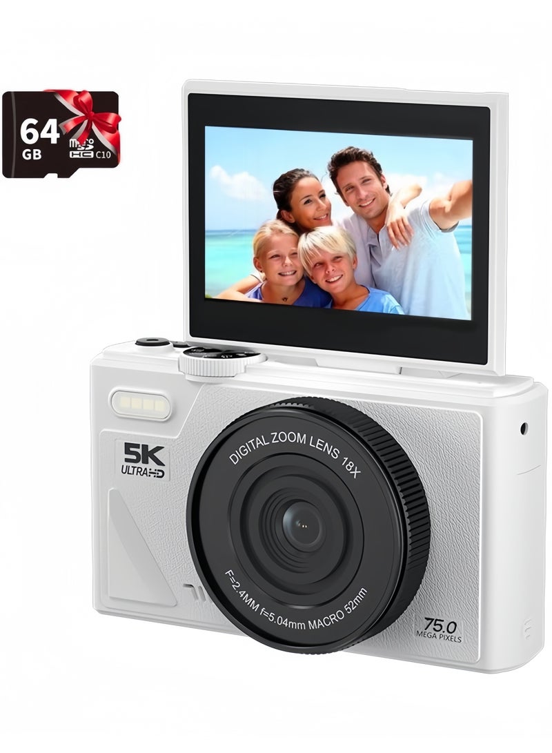 Milatech Digital Camera, 5K Vlogging Camera, Kids Camera 75MP Point and Shoot Digital Cameras with 64GB TF Card, 18X Zoom, For Kids Boys Girls (White)  - Image 1