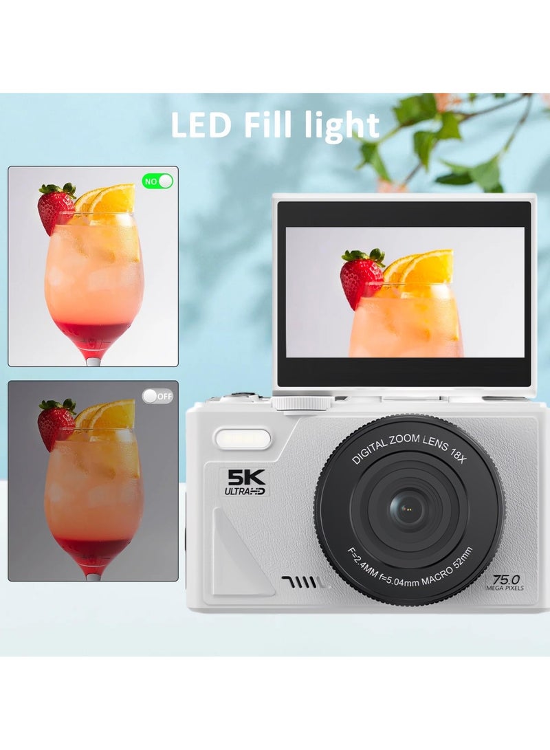 Milatech Digital Camera, 5K Vlogging Camera, Kids Camera 75MP Point and Shoot Digital Cameras with 64GB TF Card, 18X Zoom, For Kids Boys Girls (White)  - Image 4