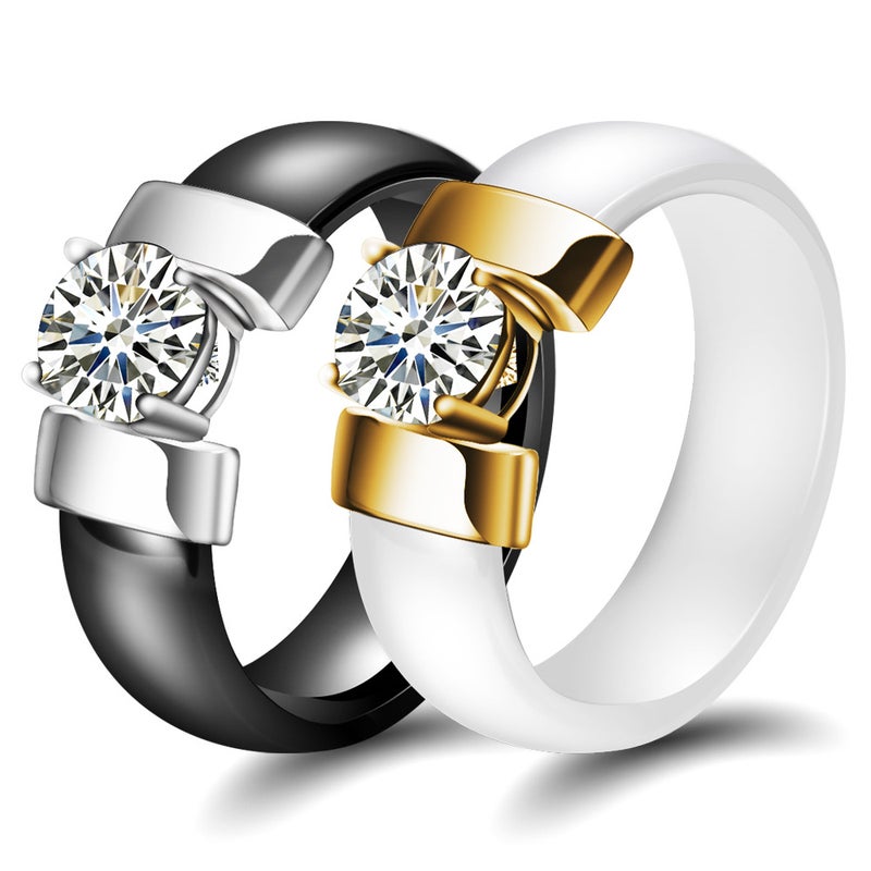 NIBASTAR 6mm Ceramic Couple Ring Set - Minimalist Black & White with Cubic  Zirconia - Image 3