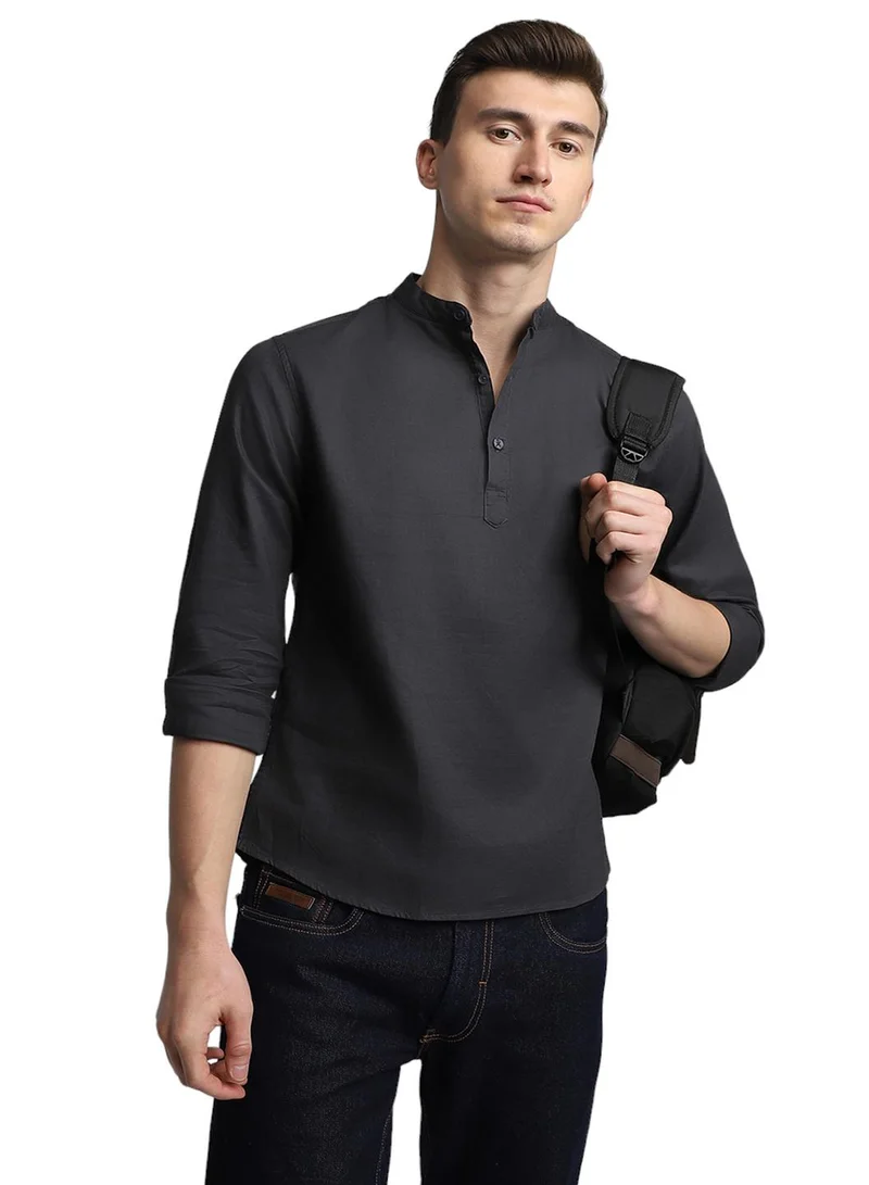 دينيس لينغو Men's Charcoal 100% Cotton Solid Pattern Slim FiT-Shirt