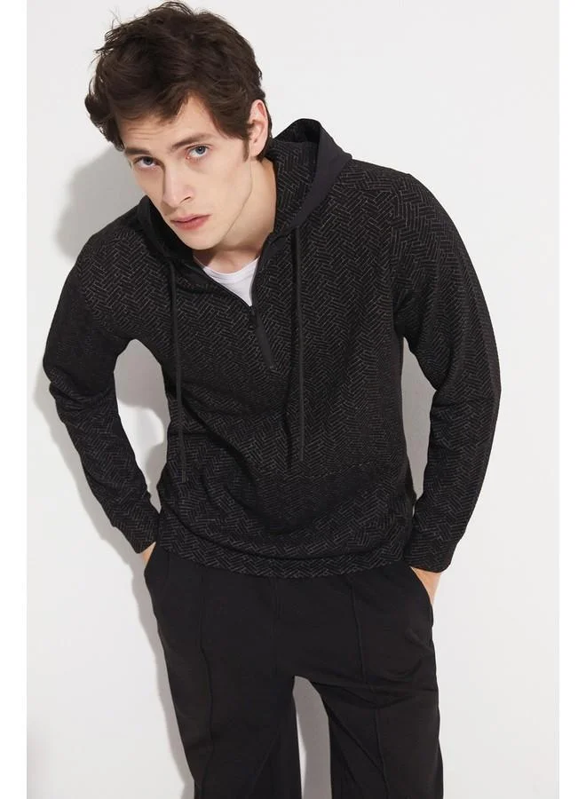 جون June Exclusive Men Half Zipper Hooded Sweatshirt Black