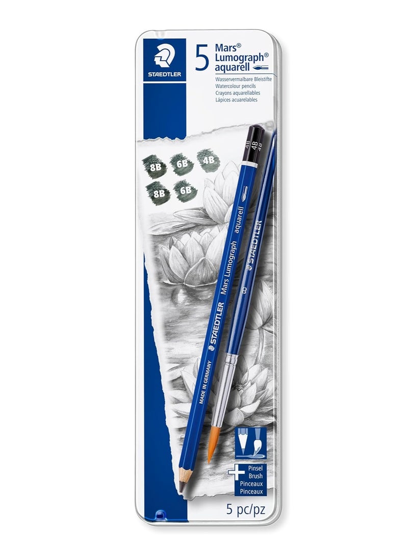 STAEDTLER - 5 قطع من أقلام الرصاص الجرافيت مارس لوموجراف مع فرشاة طلاء - Image 1