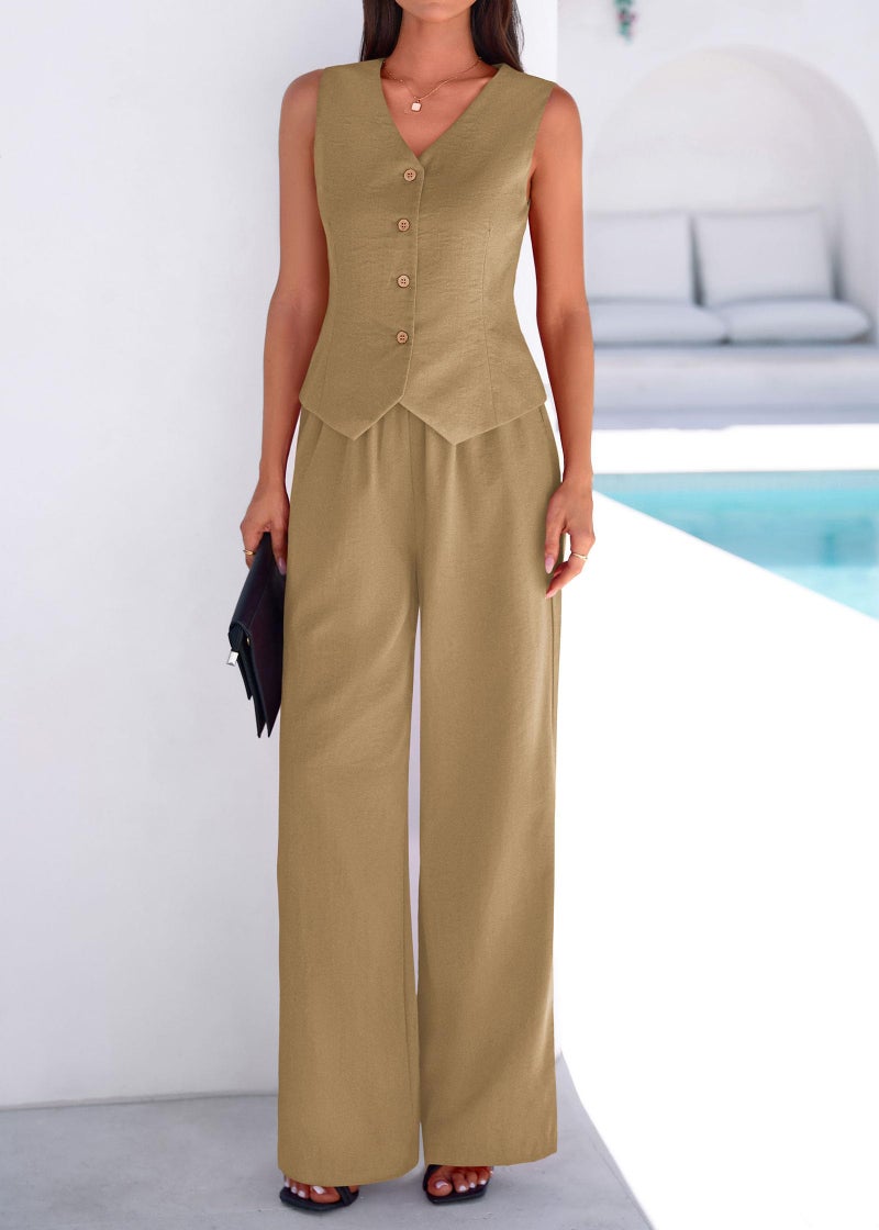 KIRUNDO Business Casual Outfits for Women Vest Tops Pant Suits Dressy 2 Piece Sets Summer Crop Blazer Wide Leg Work Pants(Khaki, Large) - Image 4