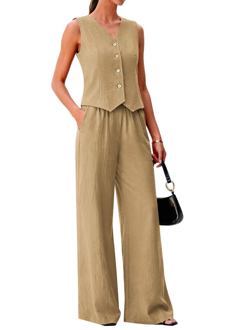 KIRUNDO Business Casual Outfits for Women Vest Tops Pant Suits Dressy 2 Piece Sets Summer Crop Blazer Wide Leg Work Pants(Khaki, Large) - Image 1