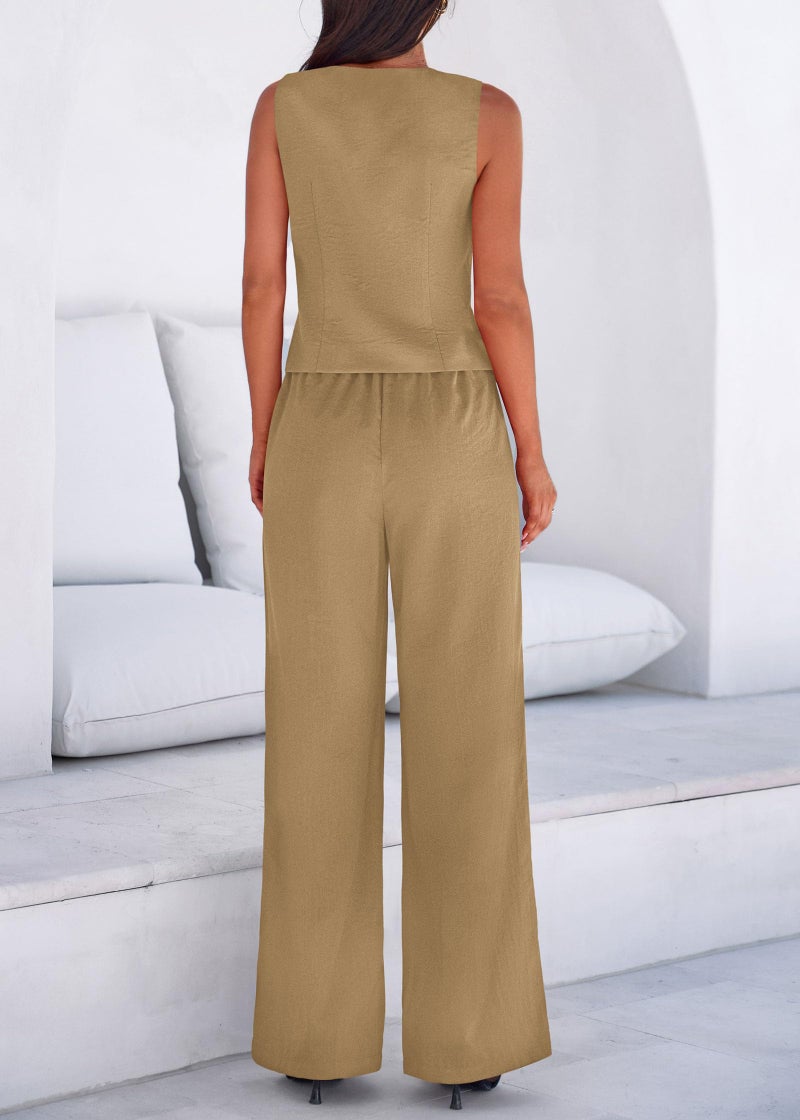 KIRUNDO Business Casual Outfits for Women Vest Tops Pant Suits Dressy 2 Piece Sets Summer Crop Blazer Wide Leg Work Pants(Khaki, Large) - Image 5