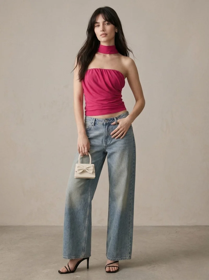 Outzidr  Pink Solid Tube Mesh Top With Scarf Detail for Women | Best Price UAE
