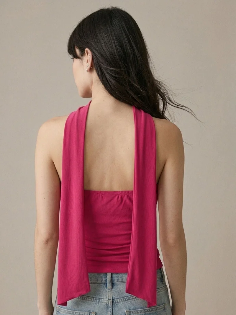 Outzidr  Pink Solid Tube Mesh Top With Scarf Detail for Women | Best Price UAE