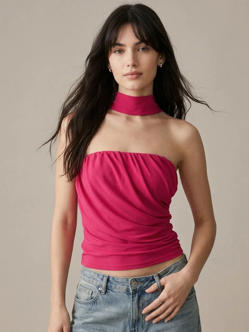 Pink Solid Tube Mesh Top With Scarf Detail
