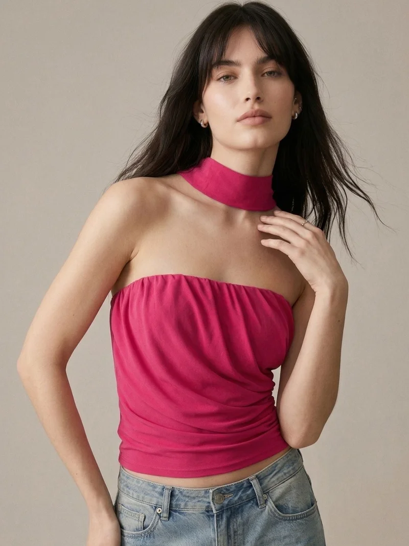 Outzidr  Pink Solid Tube Mesh Top With Scarf Detail for Women | Best Price UAE