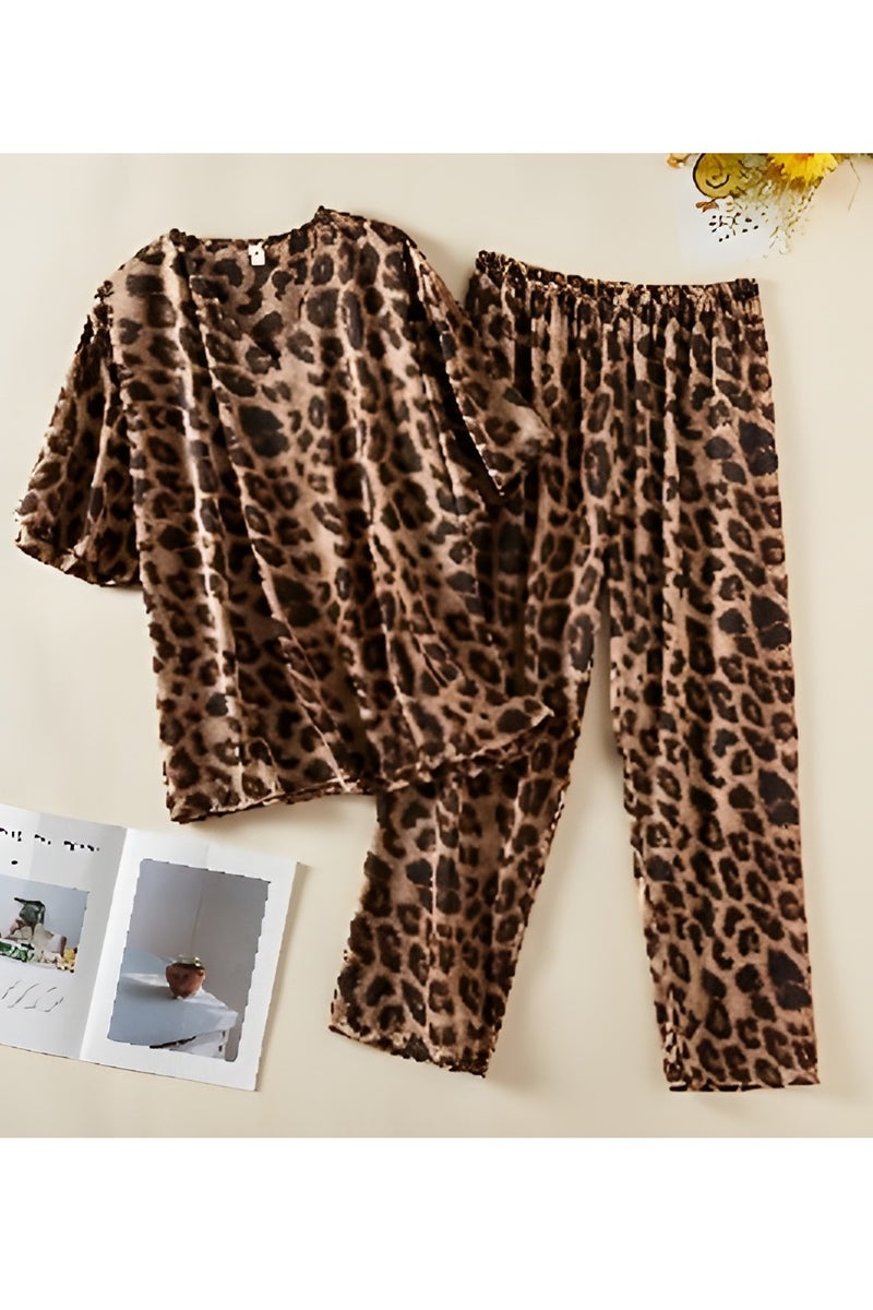 Women’s 2-Piece Silk Pajama Set – Free Size – Soft Lightweight Fabric – V-Neck Short Sleeve Top & Elastic Waist Pants – Comfortable Sleepwear & Loungewear