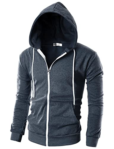 Ohoo Men's Zip Up Hoodie Lightweight Slim Fit Sweatshirt Full Zip Hooded Jacket / DCF002-NAVYMELANGE-S - Image 1