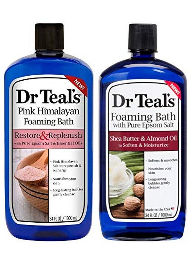 Dr Teal's مجموعة هدايا حمام رغوي متنوعة (عبوتان 34 أونصة لكل منهما) استعادة وتجديد ملح الهيمالايا الوردي لتنعيم وترطيب زبدة الشيا وزيت اللوز زيوت أساسية ممزوجة مع ملح إبسوم النقي لتخفيف الألم