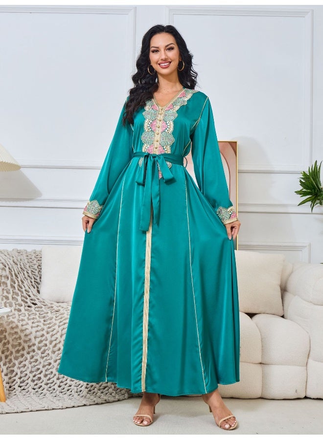 Madam Uniq Green Long-Sleeve V-Neck Muslim Maxi Dress  - Image 1